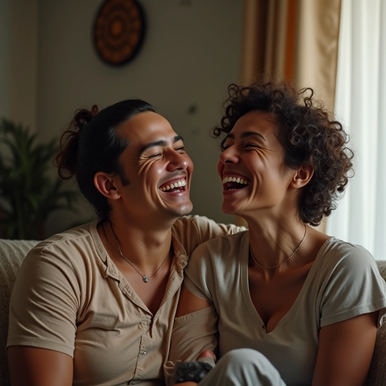 Casal rindo junto em uma sala aconchegante, fortalecendo a confiança através da comunicação.