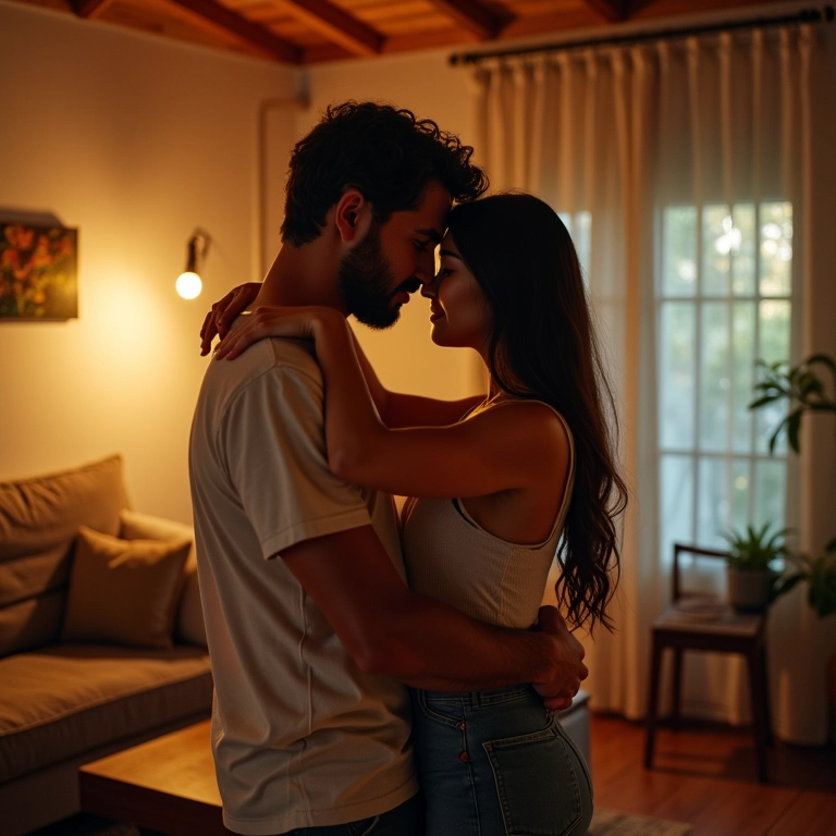 Casal se abraçando em apartamento aconchegante com decoração brasileira.