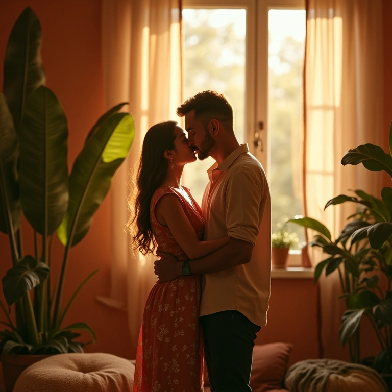 Casal se abraçando em sala aconchegante com decoração vibrante.