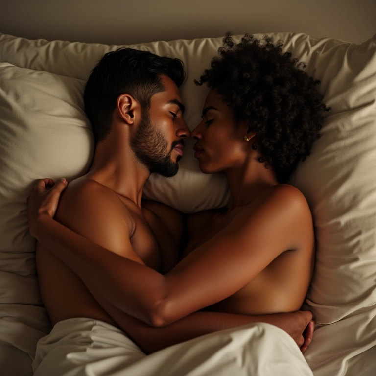 Casal se abraçando na cama em um momento íntimo.