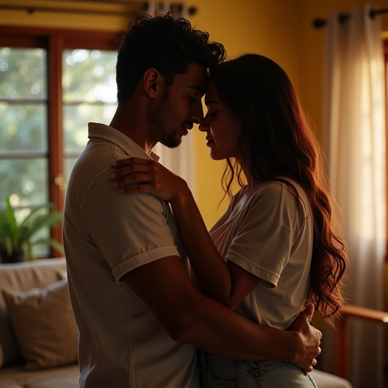 Casal se abraçando, perdoando um ao outro.