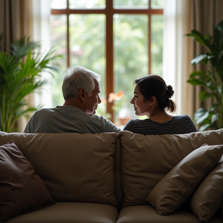 Casal sentado no sofá, de costas um para o outro, com dificuldade de comunicação.