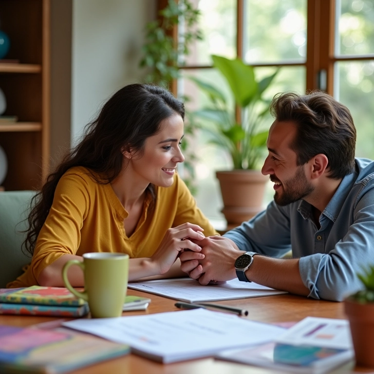 Casal sorrindo analisando finanças juntos em casa