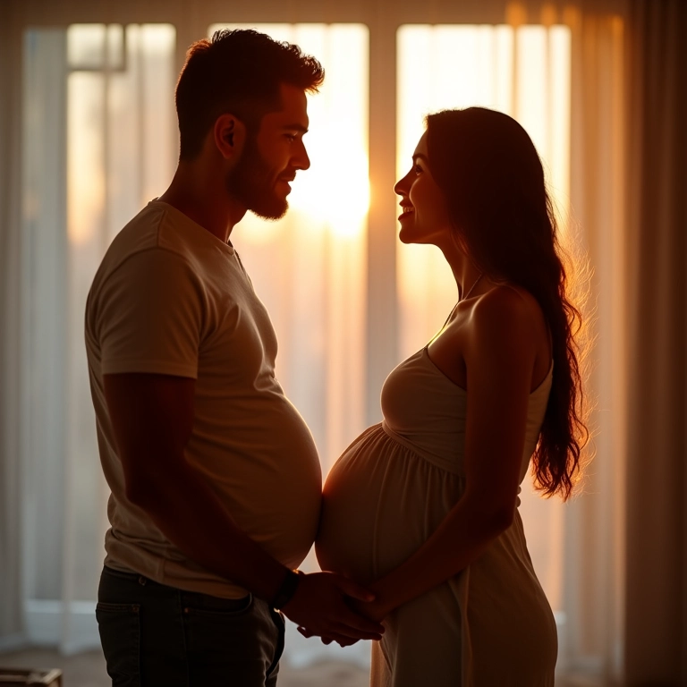 Casal sorrindo e fortalecendo o vínculo durante a gravidez.