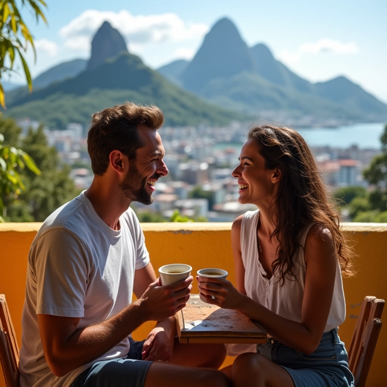 Casal sorrindo e reconectando em varanda ensolarada no Rio de Janeiro.