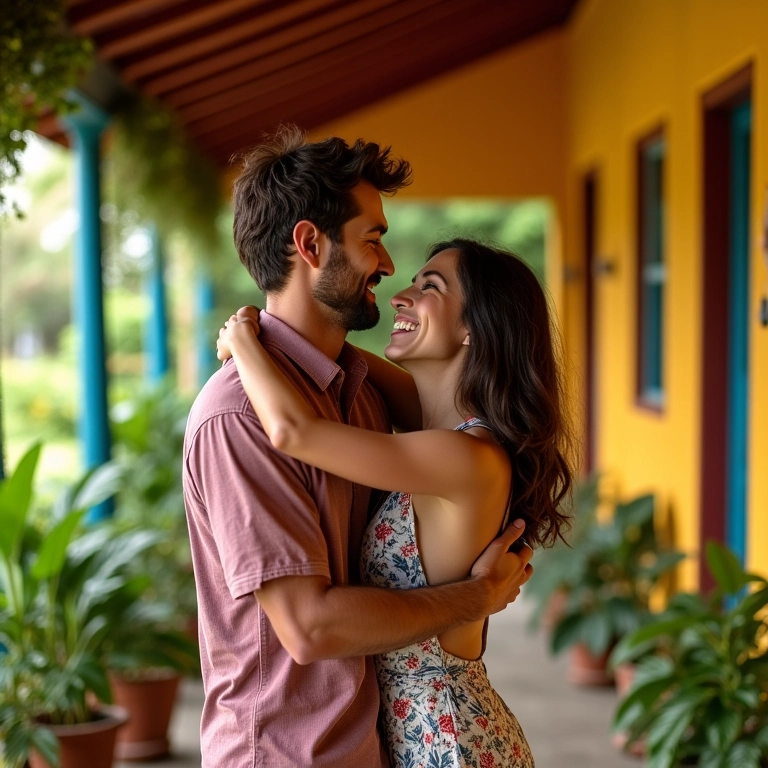 Casal sorrindo e se abraçando em varanda brasileira vibrante, representando um relacionamento feliz.