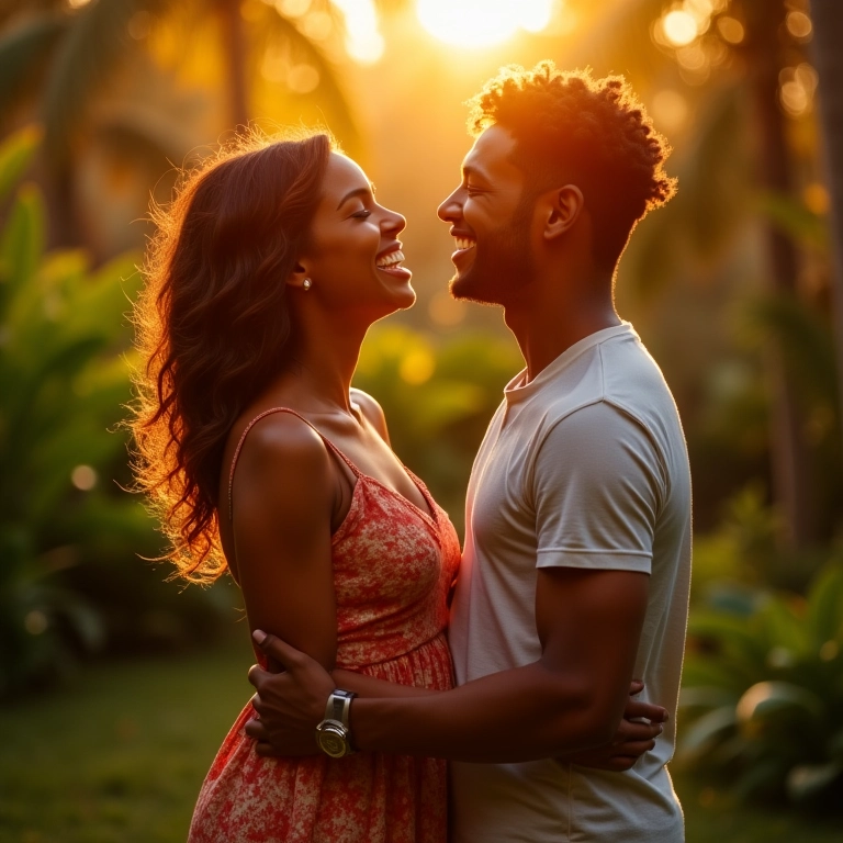 Casal sorrindo em um jardim, representando o amor para o signo de Gêmeos.