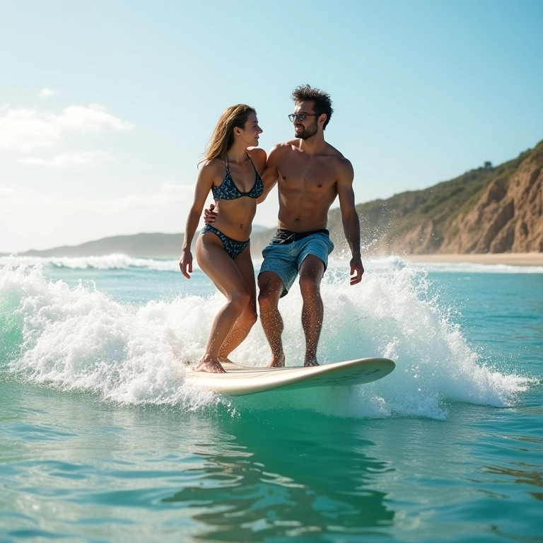 Casal surfando junto em Garopaba, em um dia ensolarado.