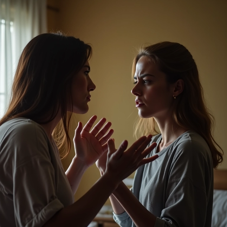 Casal tenso, discussão verbal, mulher magoada, sala de estar brasileira.