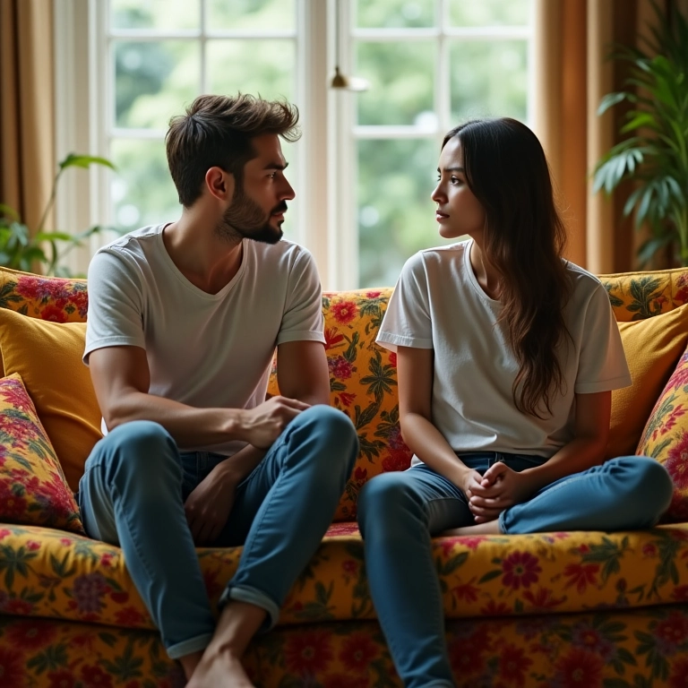 Casal tenso em sofá colorido, refletindo ciúmes no relacionamento.