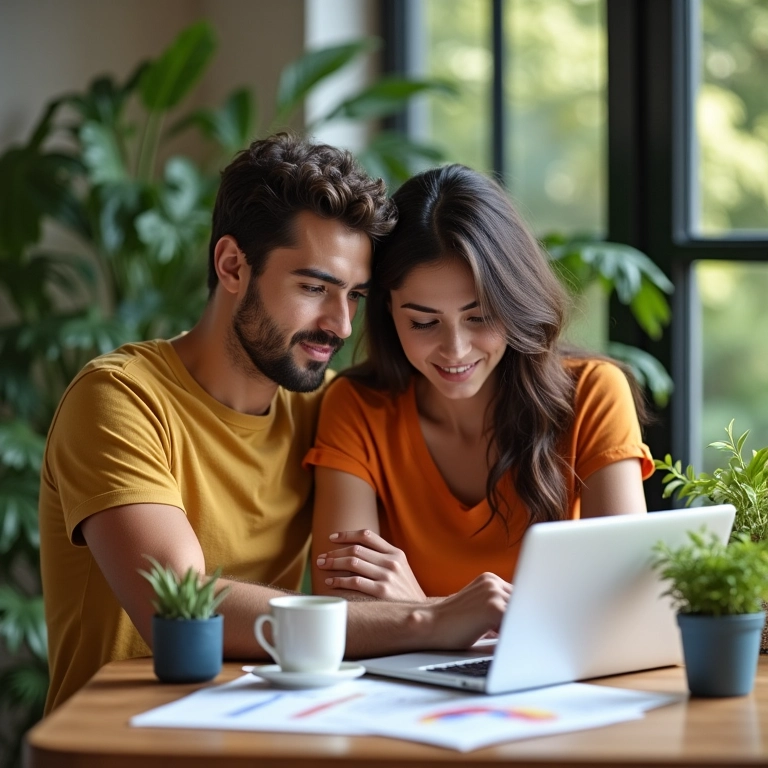 Casal trabalhando junto em planilha de orçamento no laptop, com ambiente decorado e aconchegante.