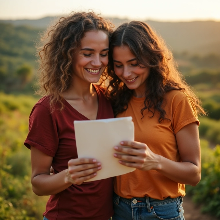 Casal trocando cartas de amor com um abraço caloroso.