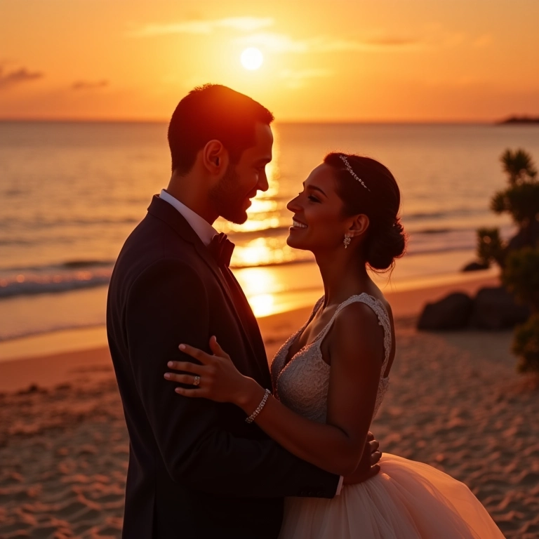Casamento em Búzios ao pôr do sol, decoração sofisticada e noivos dançando.