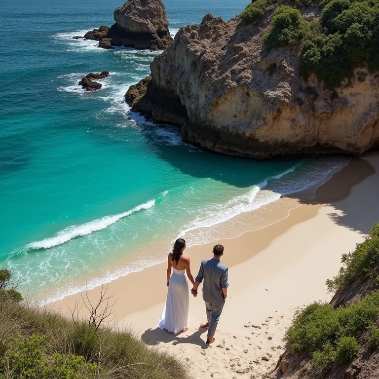 Casamento em Fernando de Noronha, praia com água turquesa e noivos.