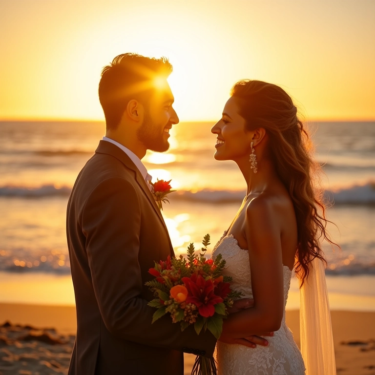 Casamento na praia ao pôr do sol no Brasil, noivos trocando votos.