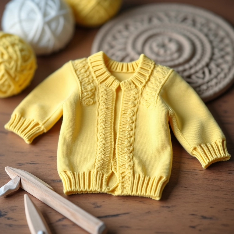 Casaquinho de bebê amarelo com ponto pipoca em mesa de madeira.