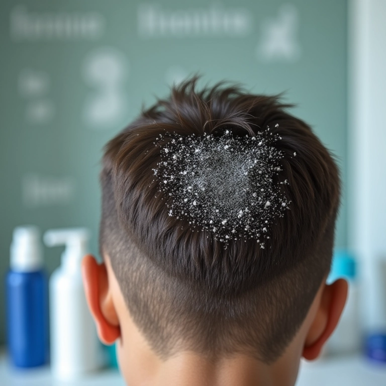 Caspa no couro cabeludo, com shampoos anti-caspa ao fundo.