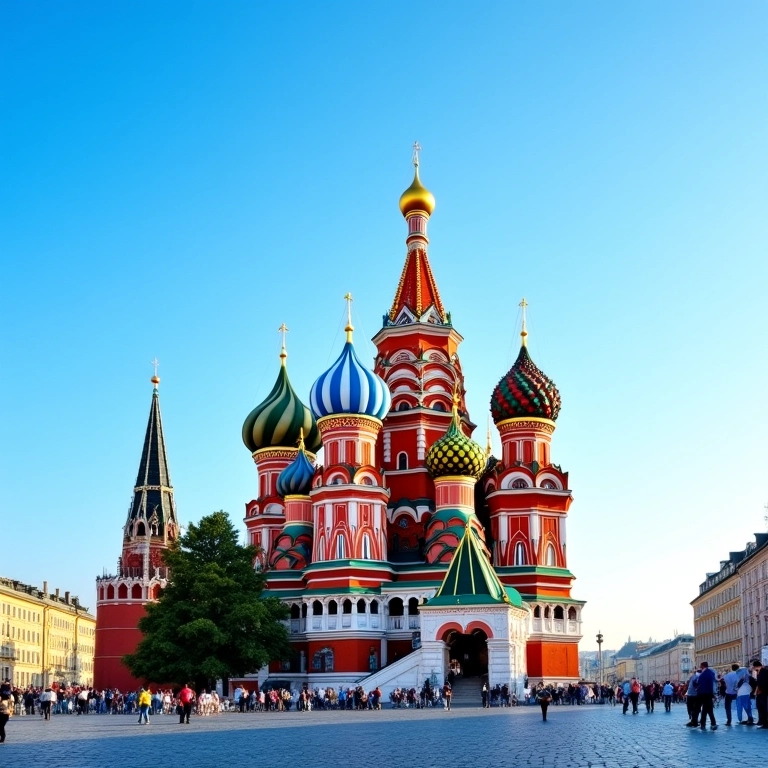 Catedral de São Basílio em Moscou, Rússia, com suas cúpulas douradas e vibrantes.