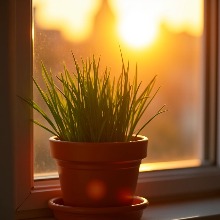 Cebolinha recebendo luz solar em vaso na janela.