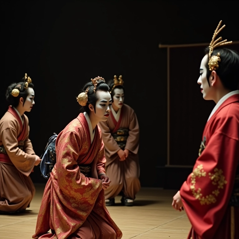 Cena de uma peça de teatro Kabuki com figurinos elaborados.