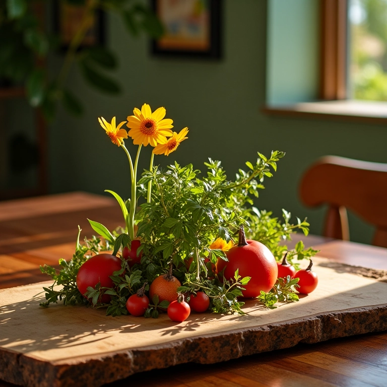 Centro de mesa criativo e charmoso com elementos naturais para decoração.