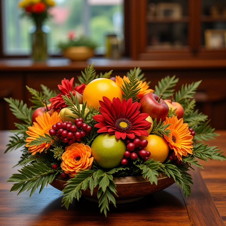 Centro de mesa natalino com frutas frescas e flores coloridas.