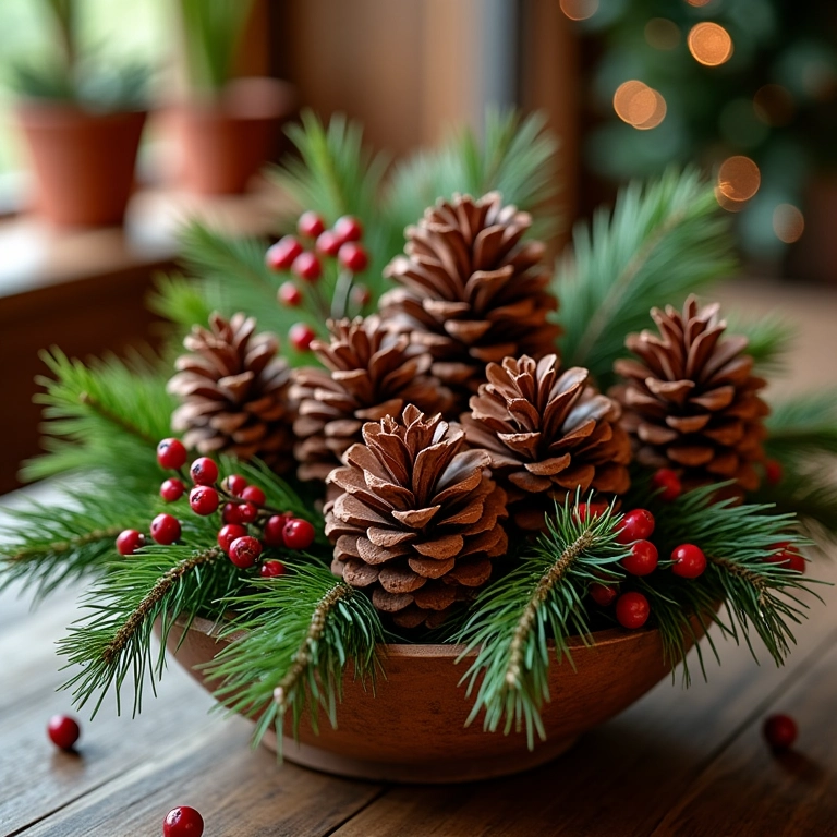 Centro de mesa natalino com pinhas e frutas vermelhas.