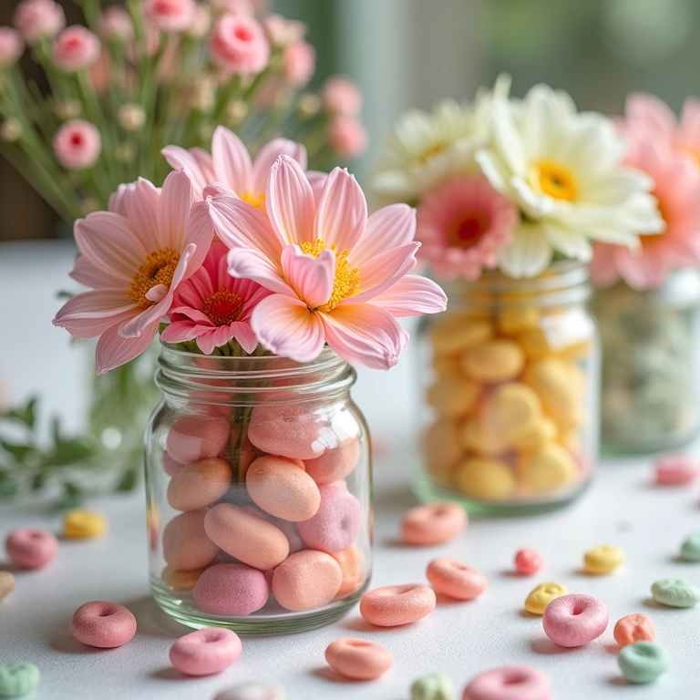 Centros de mesa com potes de vidro decorados.