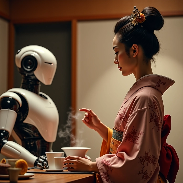 Cerimônia do chá tradicional com robô garçom ao fundo.
