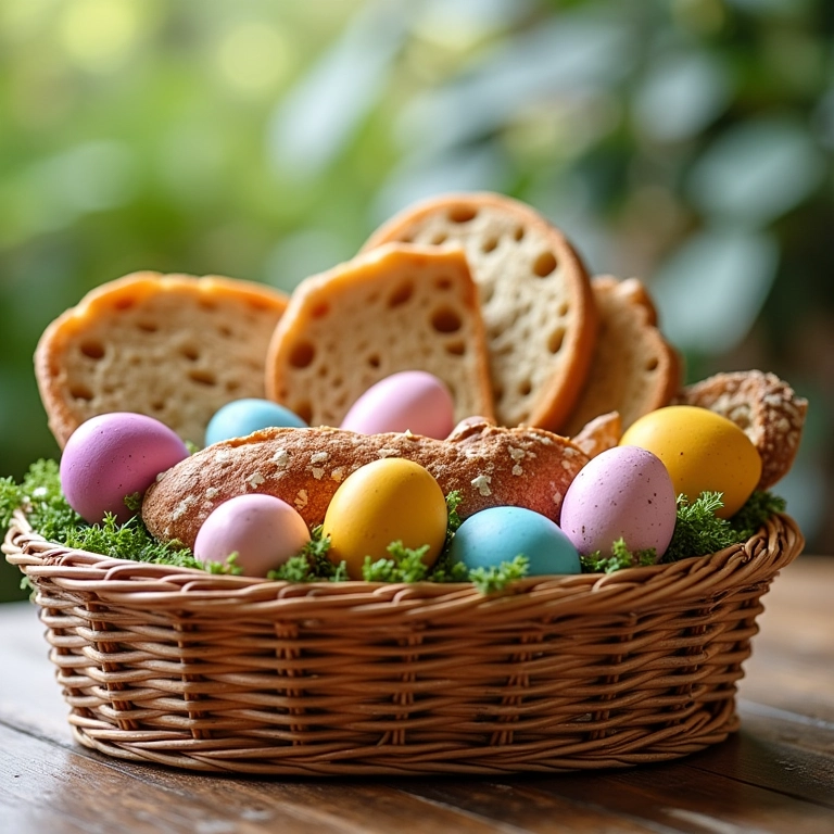 Cesta de café da manhã personalizada para a Páscoa com pães artesanais e ovos coloridos.
