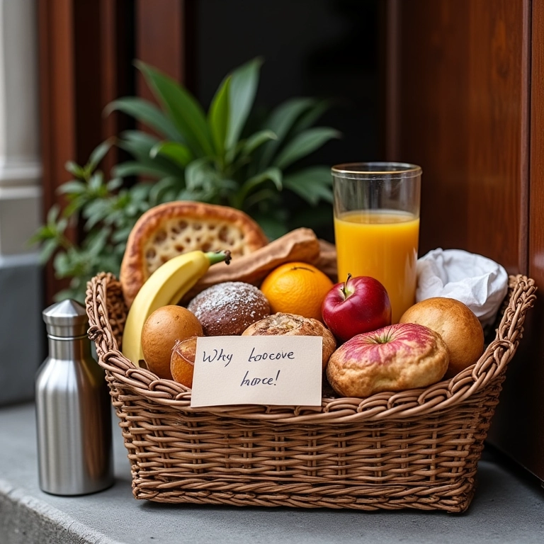 Cesta de café da manhã surpresa na porta.
