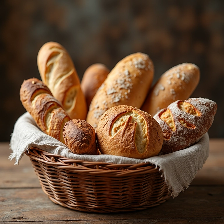 Cesta de pães artesanais variados em mesa de madeira rústica.