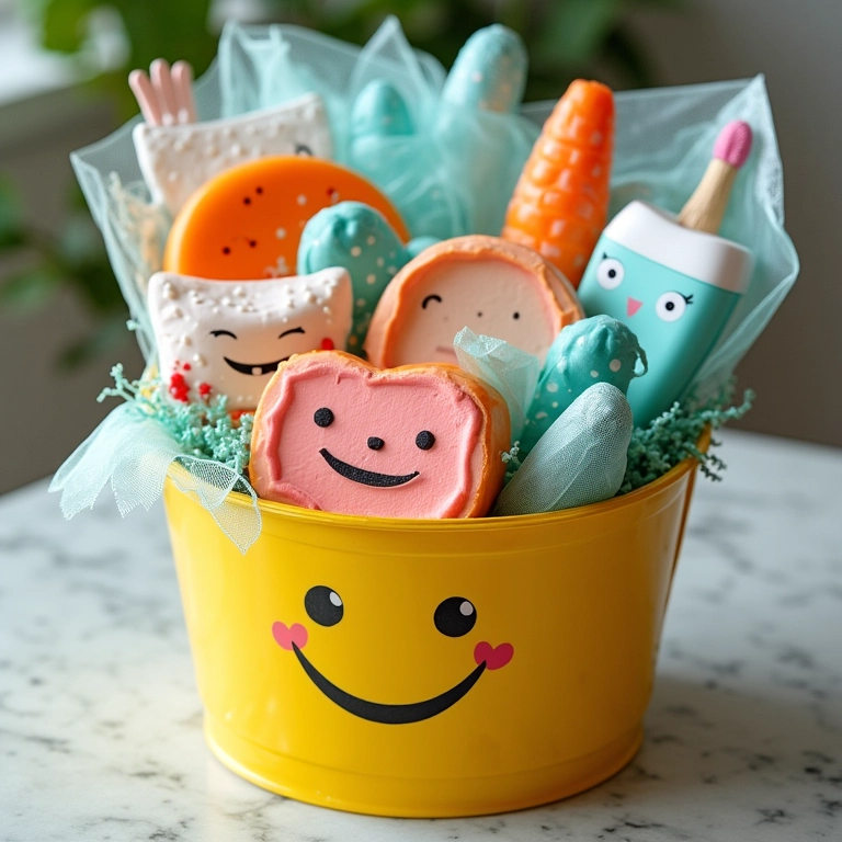 Cesta de presentes artesanais com tema odontológico e design sorridente.
