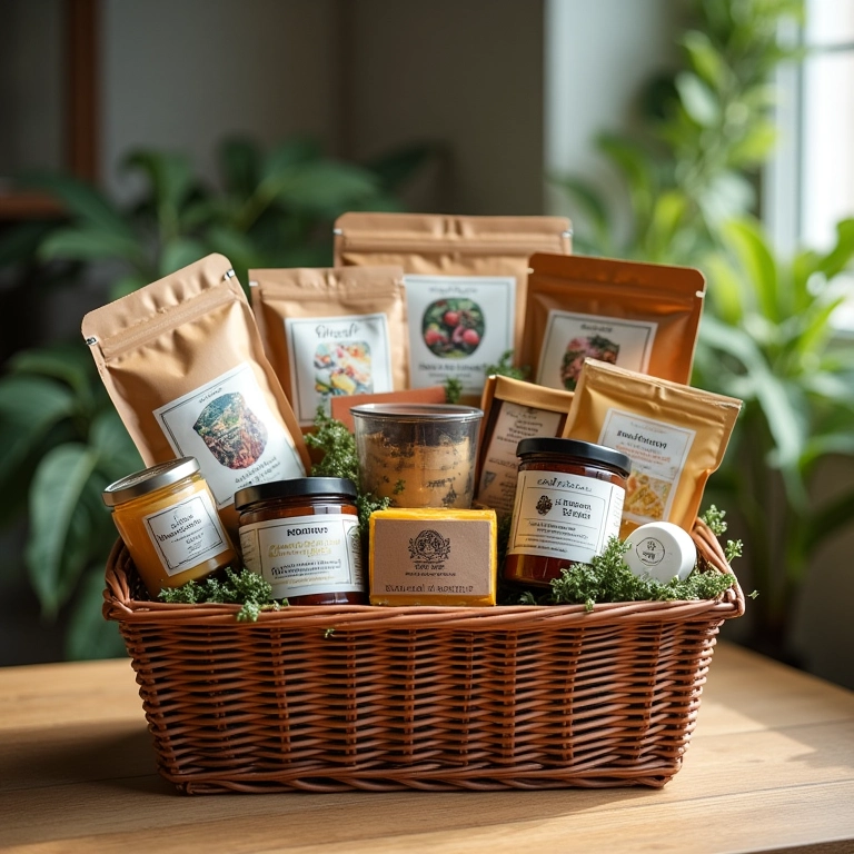 Cesta de presentes com produtos artesanais, incluindo alimentos gourmet e sabonetes artesanais.