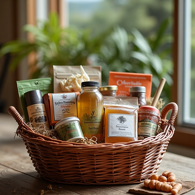 Cestas de presente com produtos caseiros e artesanais.