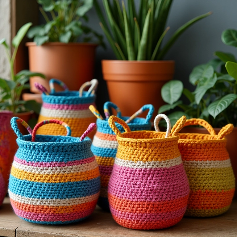 Cestas decorativas de crochê endurecido em diversas cores e tamanhos, dispostas em prateleira.