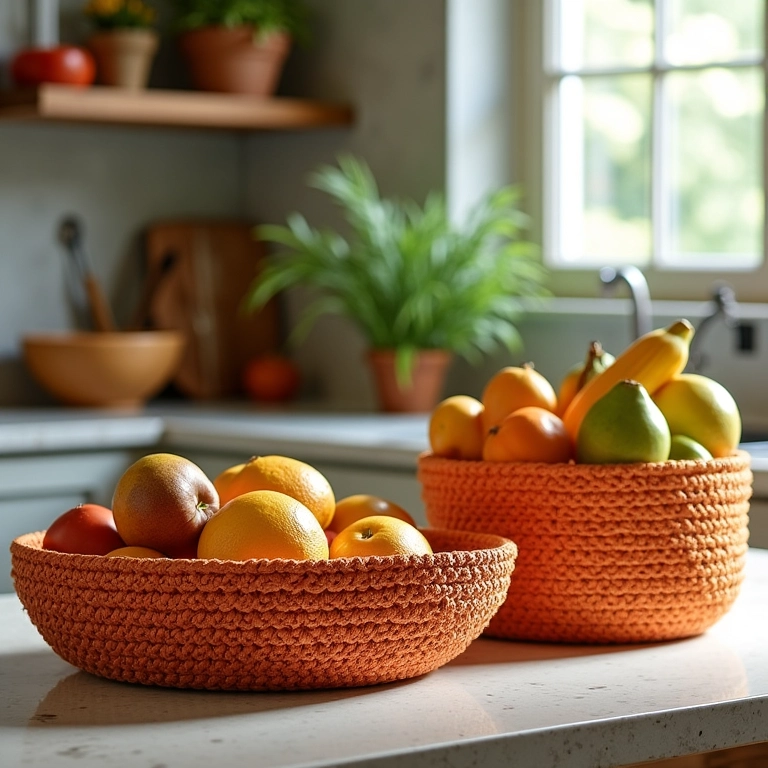 Cestas e fruteiras de crochê endurecidas.