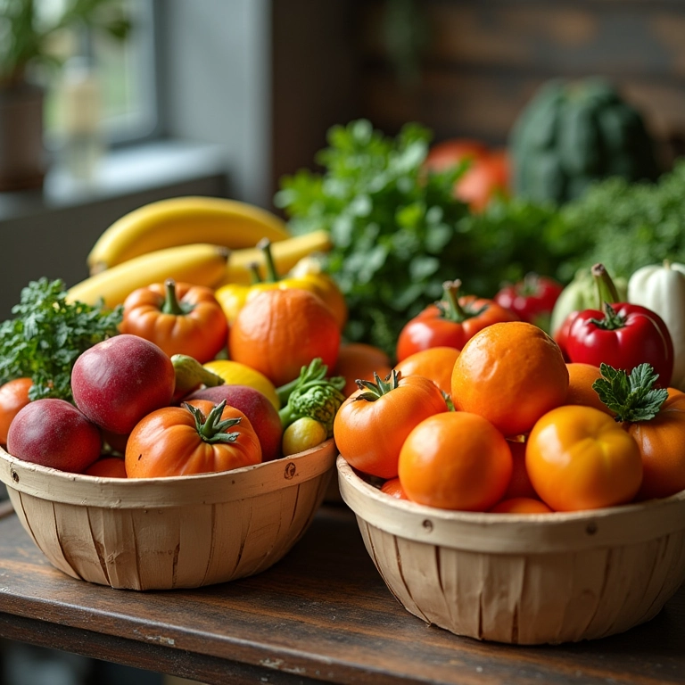Cestas organizadoras de MDF para frutas e legumes na cozinha.