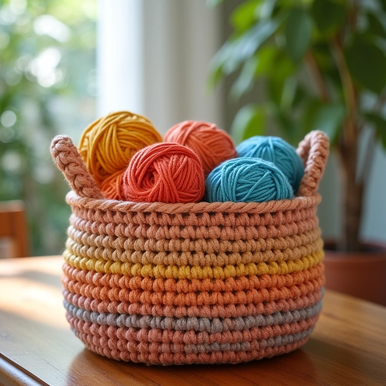 Cesto organizador de crochê artesanal com fios coloridos em prateleira de madeira.
