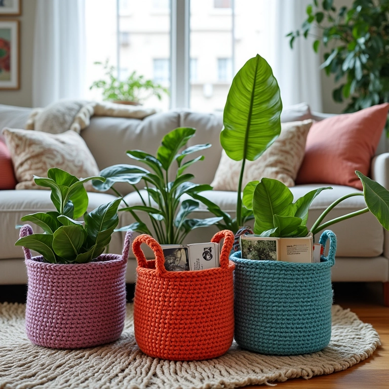 Cestos de crochê coloridos decoram sala de estar com estilo boêmio.