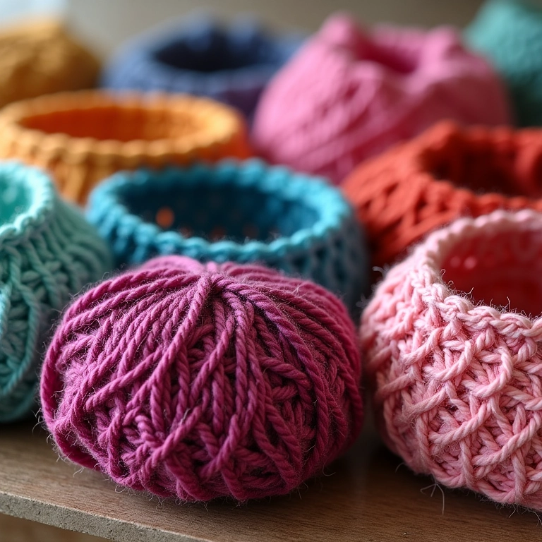 Cestos de crochê coloridos feitos com fio de malha, diversos tamanhos e padrões.