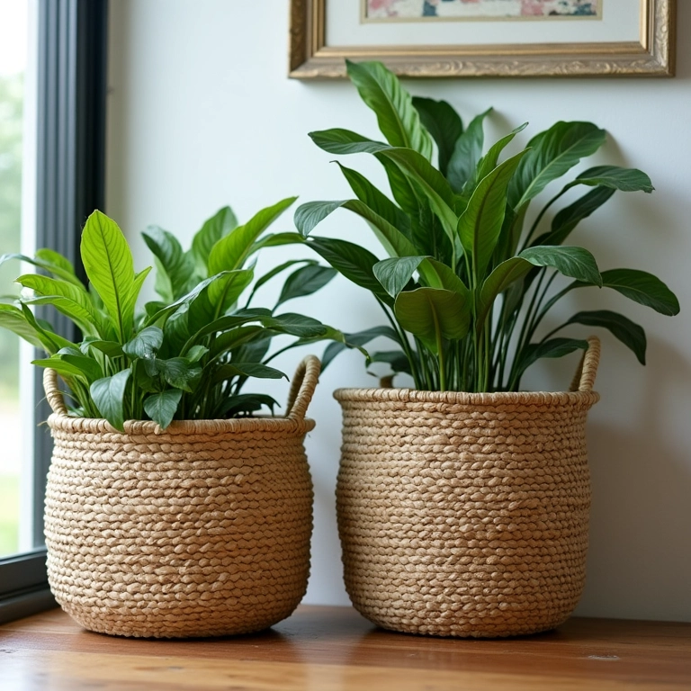 Cestos de vime e palha usados como vasos para plantas em um ambiente aconchegante.