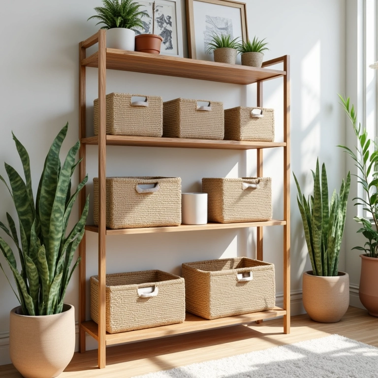 Cestos organizadores de corda de sisal em prateleiras de ambiente iluminado.