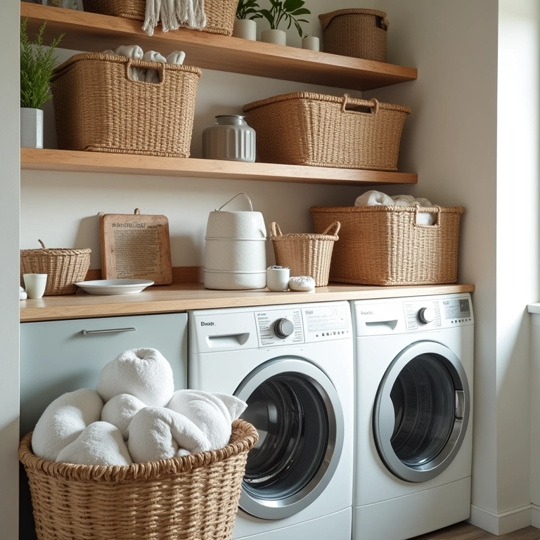 Cestos organizadores em lavanderia: tudo no seu lugar.