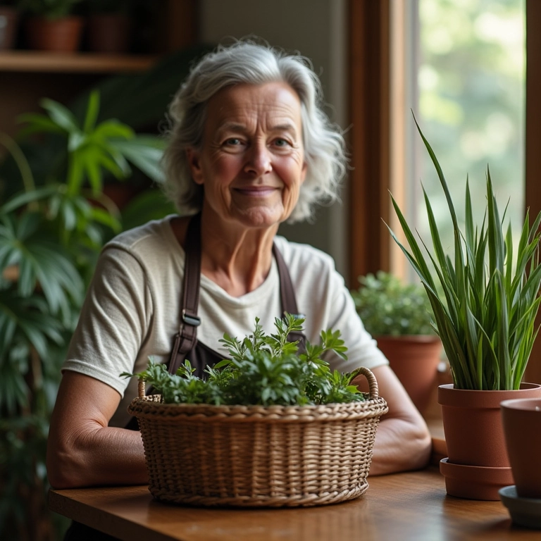 Cestos organizadores feitos com jornais reciclados, mulher idosa trabalhando.