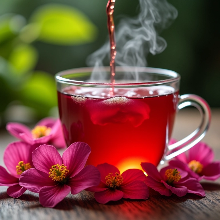 Chá de hibisco sendo servido, flores de hibisco ao redor.