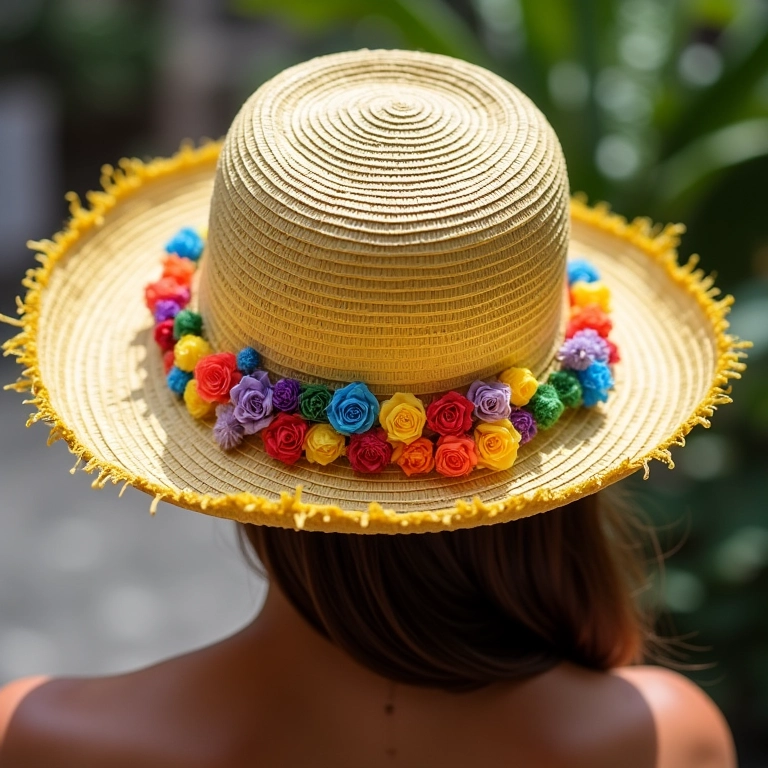 Chapéu de palha customizado com fitas coloridas, acessório divertido para festa junina.