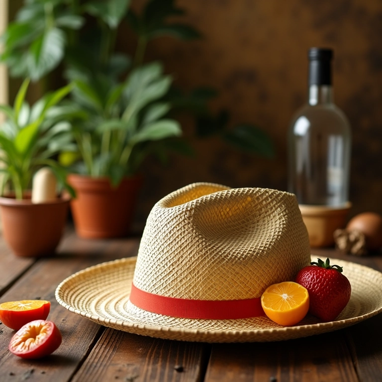 Chapéu de palha decorativo em mesa com quitutes juninos.