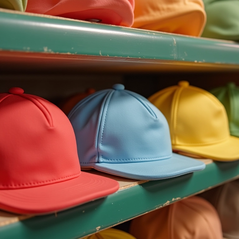 Chapéus pork pie coloridos em uma prateleira.
