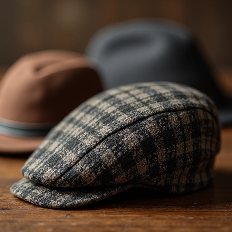 Chapéus pork pie de feltro, palha e tweed em close-up.
